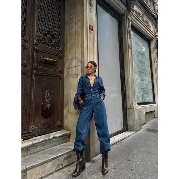 Women Denim Jumpsuit Premium Jean One Piece Outfit Casual Chic Overalls Romper - Picture 3 of 9